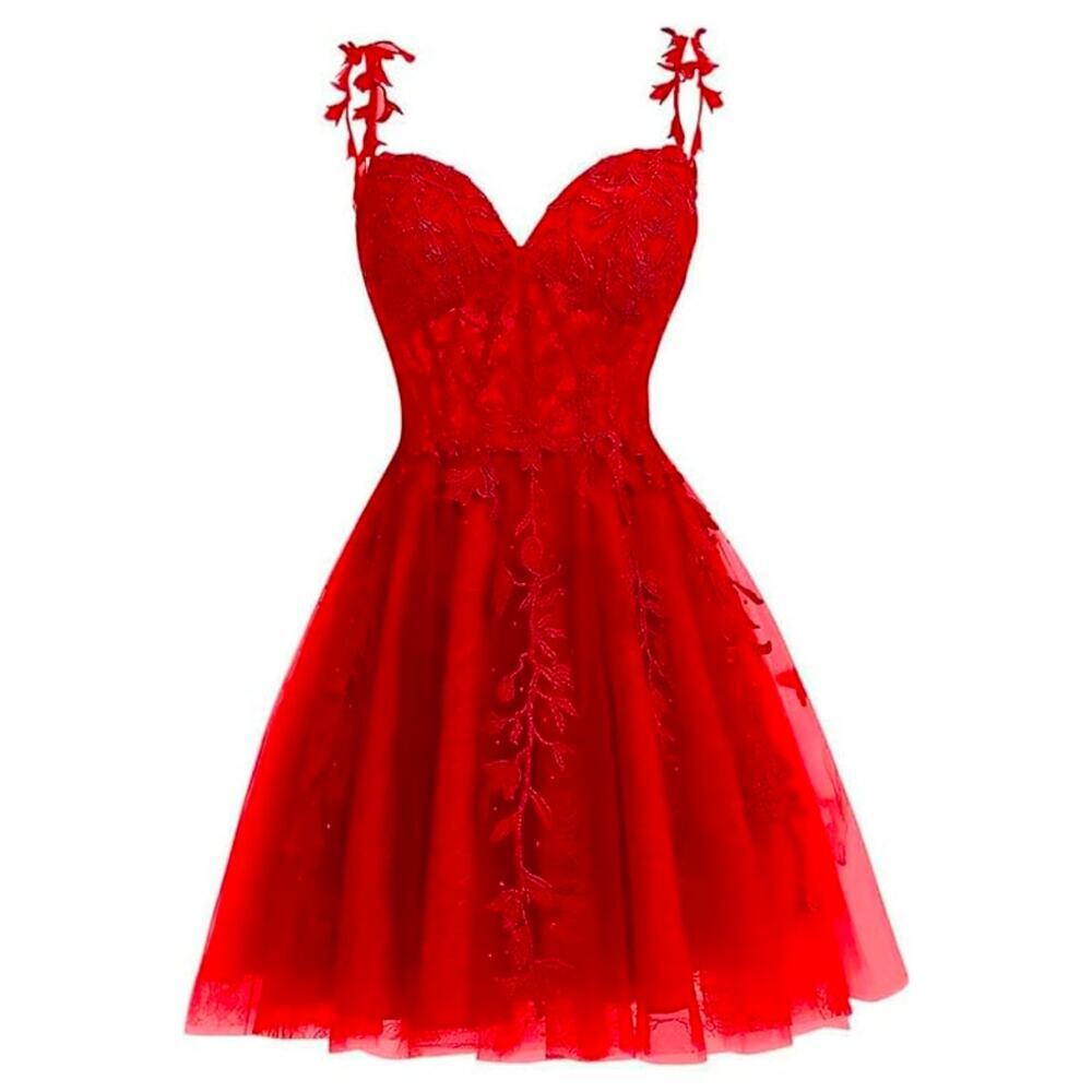 Red Fairy lace applique floral mini dress lace up back Size 6 Formal Homecoming
